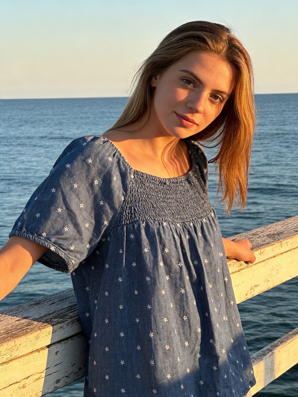 Old Navy Blue Smocked Square-Neck Floral Top